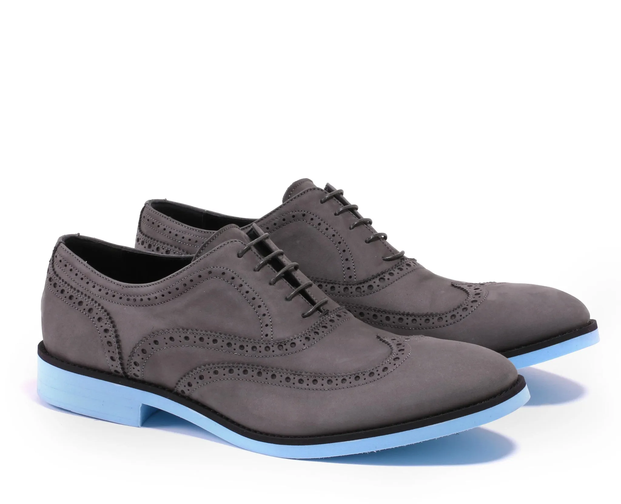 2017 Men's Grey Nabuck, Black accented Brogue Wingtip on Sky Blue Sole