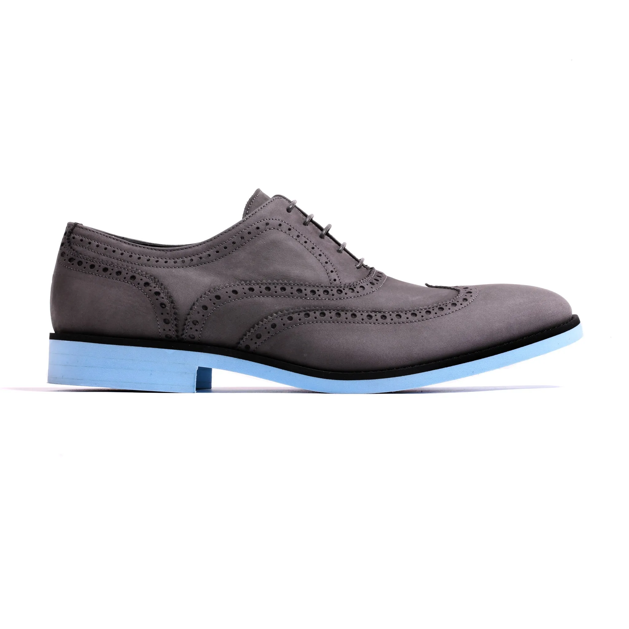 2017 Men's Grey Nabuck, Black accented Brogue Wingtip on Sky Blue Sole