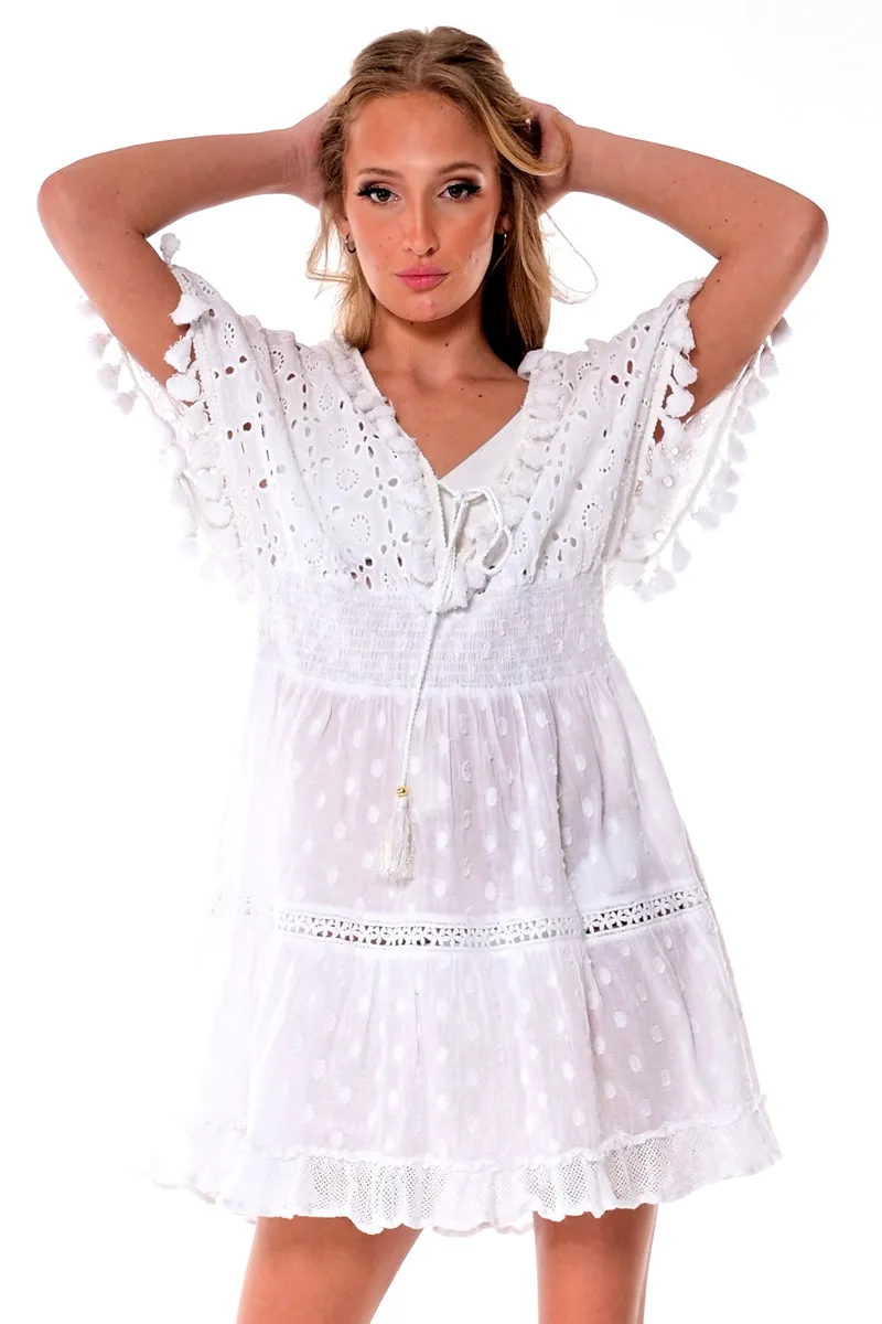 Azucar Ladies Cotton Short Length Beach Dress w/Eyeletted Fabric in White -LCT1757