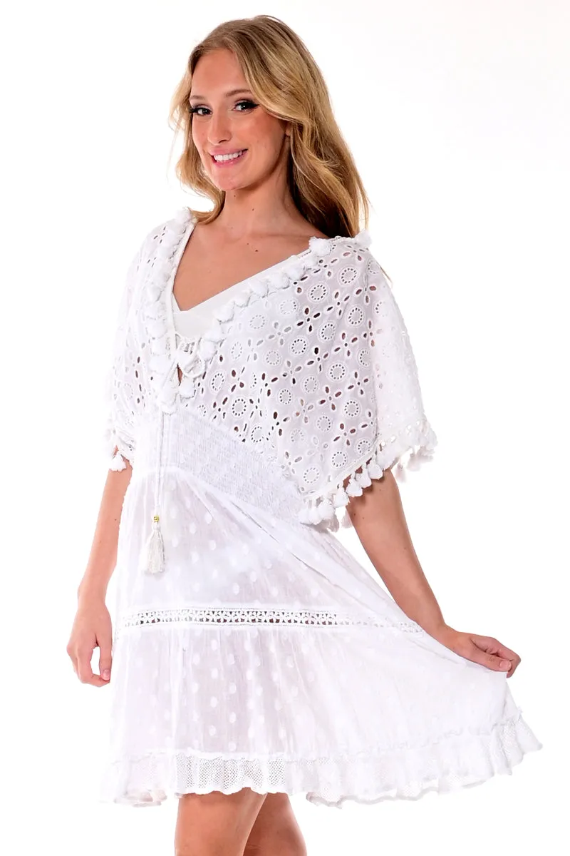 Azucar Ladies Cotton Short Length Beach Dress w/Eyeletted Fabric in White -LCT1757