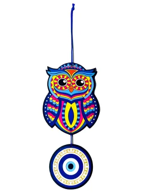 Blue Wooden Owl Hanging Chime Decoration with Evil Eye Theme