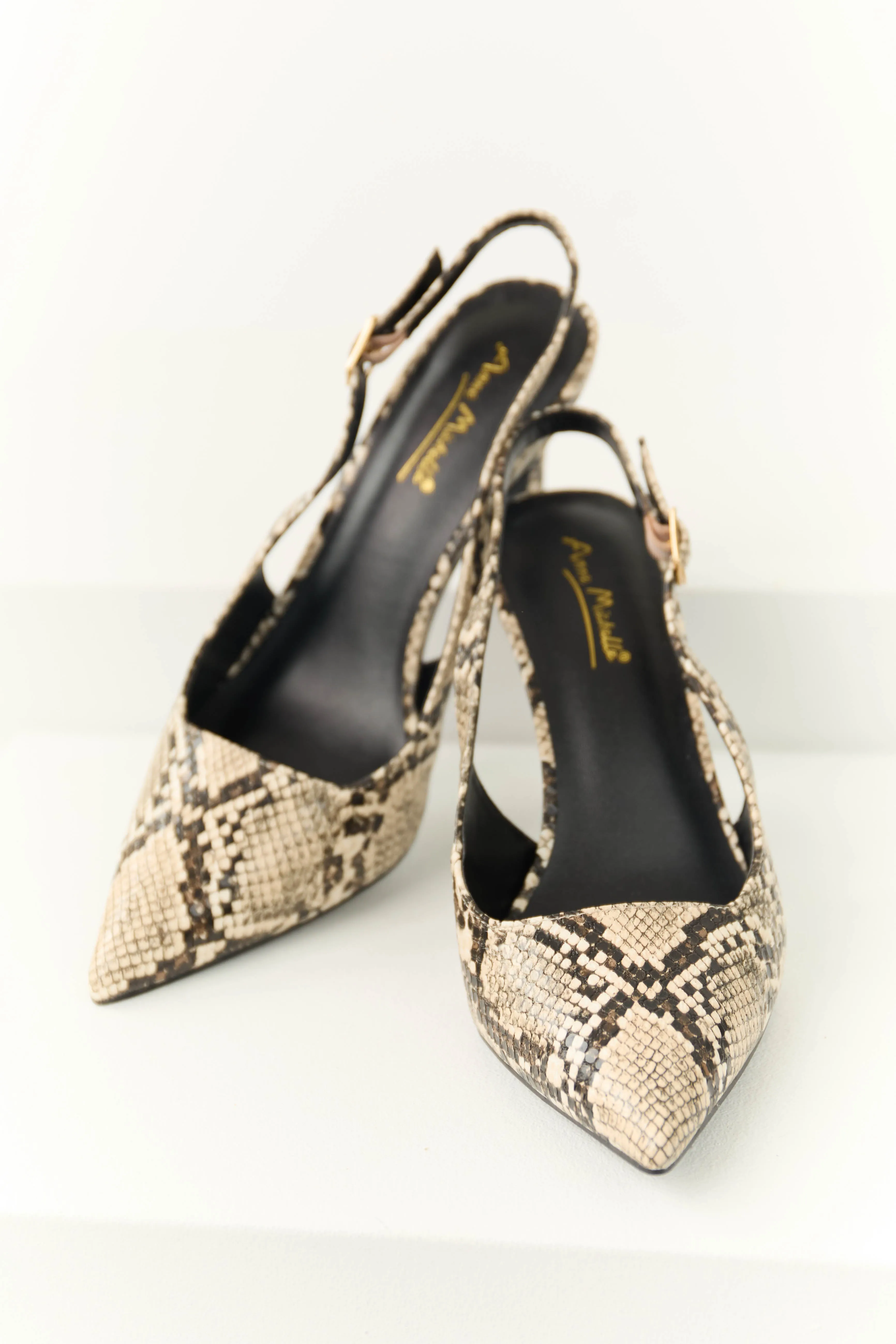 Cream Snake Print Pointed Toe Slingback Heels