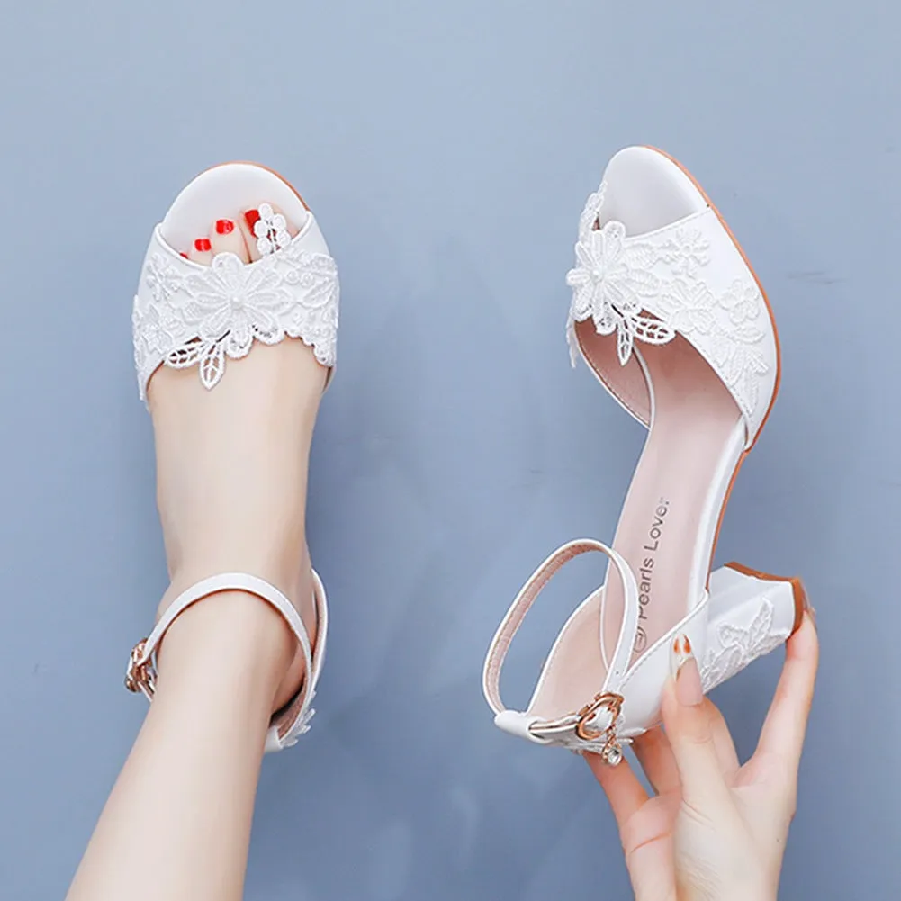 Lace Block Heel Open Toe Ankle Strap Wedding Shoes