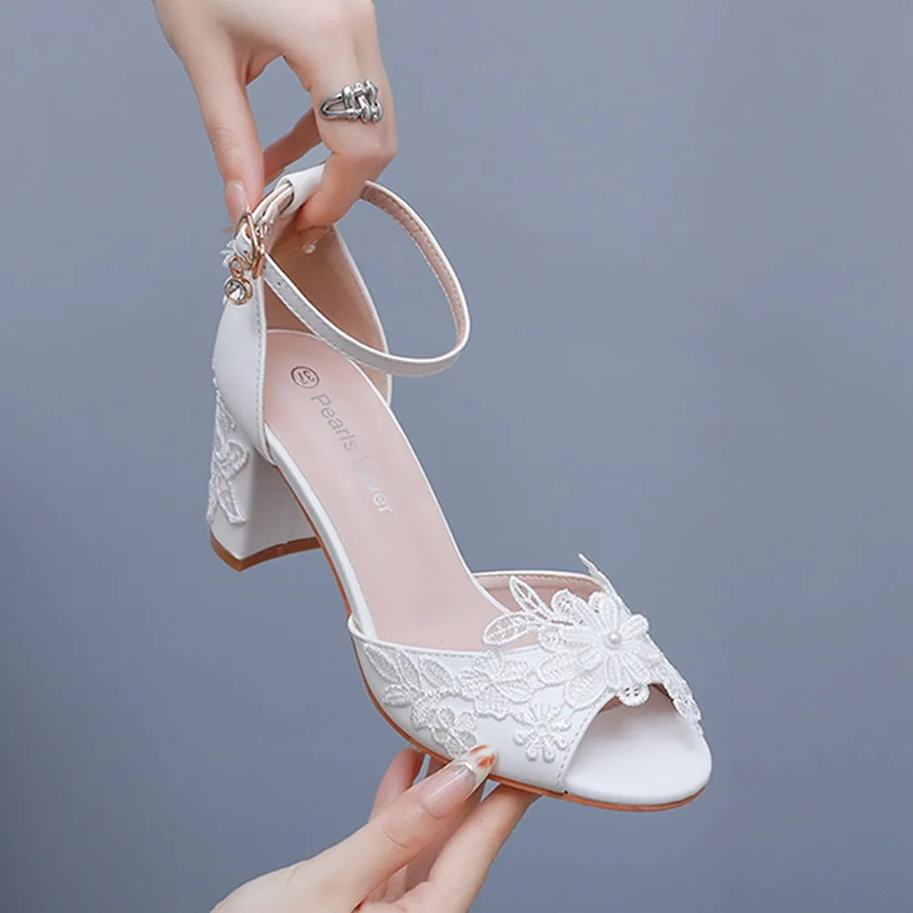 Lace Block Heel Open Toe Ankle Strap Wedding Shoes