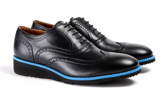 Men's Black & Blue Accented Brogue Wingtip on Black Wedge Sole (EX-36)