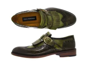 Paul Parkman Wingtip Monkstrap Brogues Green Hand Painted Leather Upper With Double Leather Sole