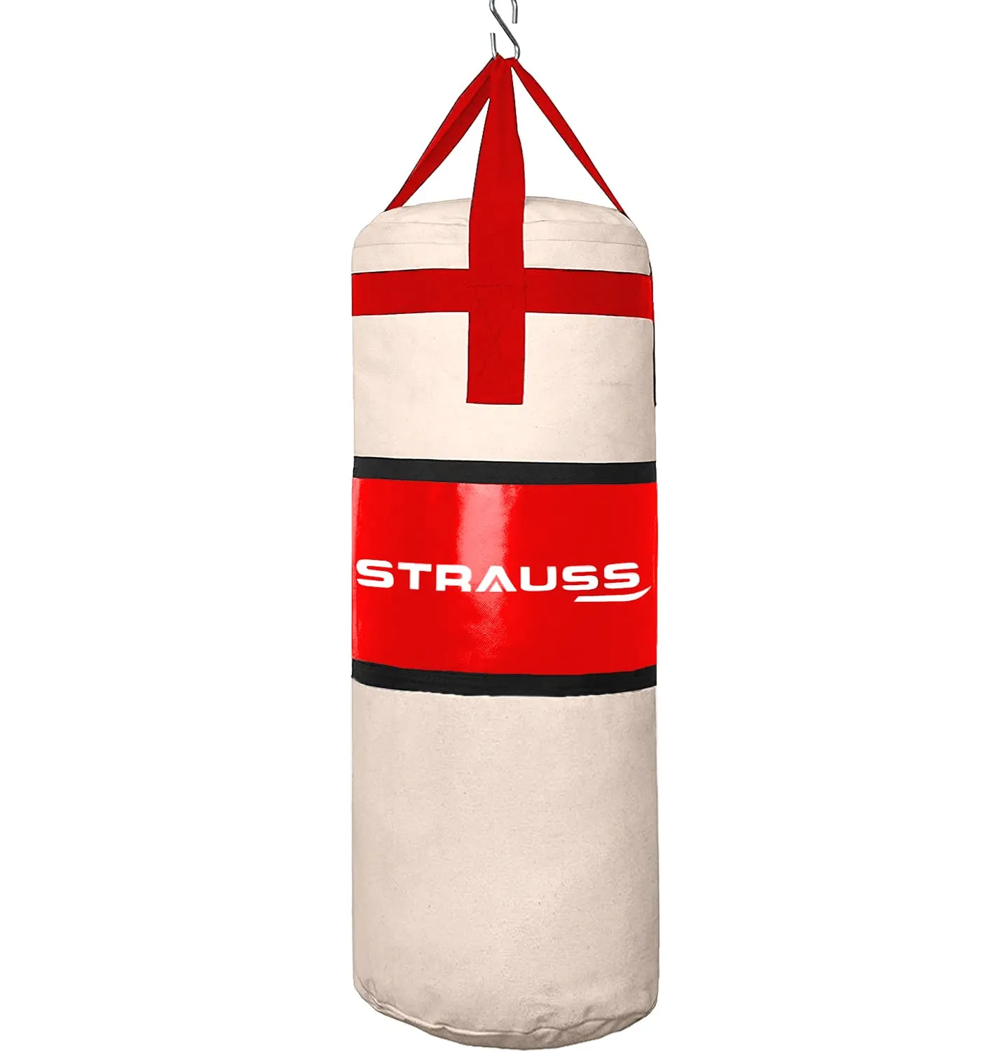 Strauss Canvas Heavy Duty Filled Gym Punching Bag|Hanging S Hook, Zippered Top Head Closure,Heavy Straps|Ideal for Boxing, MMA,Muay Thai|Boxing Bag for Home Gym & Fitness Training|4 Feet,(Cream/Black)