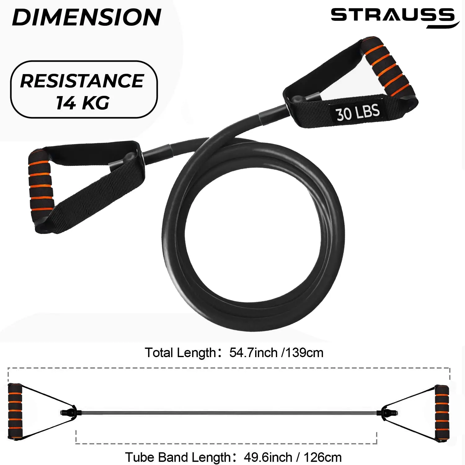 Strauss Single Resistance Tube with Foam Handle | Door Anchor for Exercise & Stretching | Gym Equipment for Strength Training, Home Gym Workouts with Carry Bag | 13 Kg,(Black)