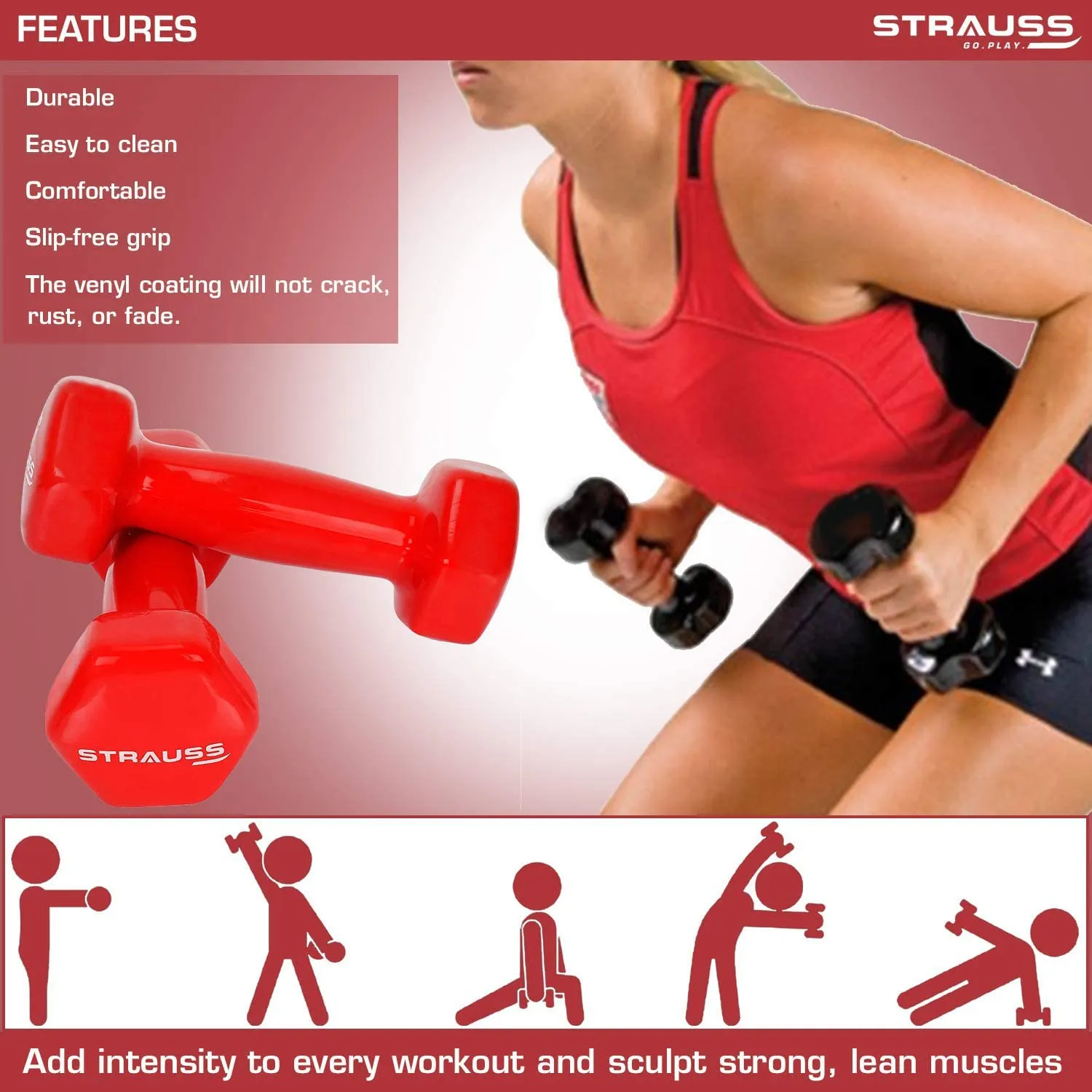 Strauss Unisex Vinyl Dumbbells Weight for Men & Women | 2Kg (Each)| 4Kg (Pair) | Ideal for Home Workout and Gym Exercises (Red)