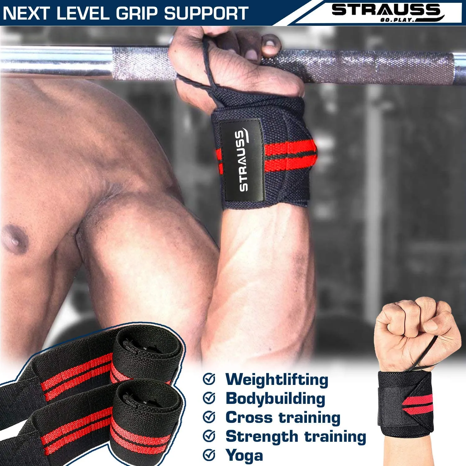 STRAUSS WL Cotton Wrist Supporter with Thumb Loop Straps & Closures for Gym, Workouts & Strength Training| Adjustable & Breathable Material with Powerful Velcro & Soft Material, (Black/red)